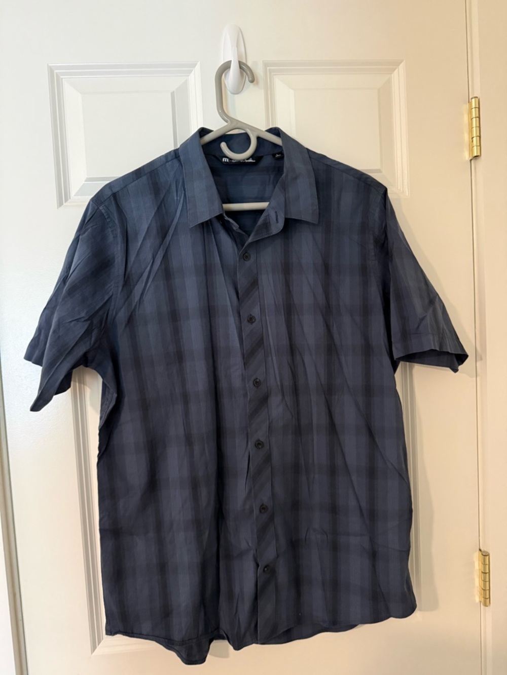 Travis Mathew Men's Navy and Dark Gray Plaid Button-Up Shirt